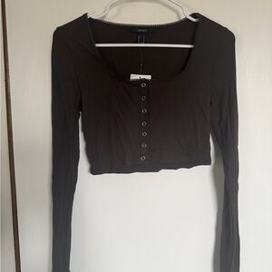 Forever 21 Dark Brown Button-Up Crop Top
